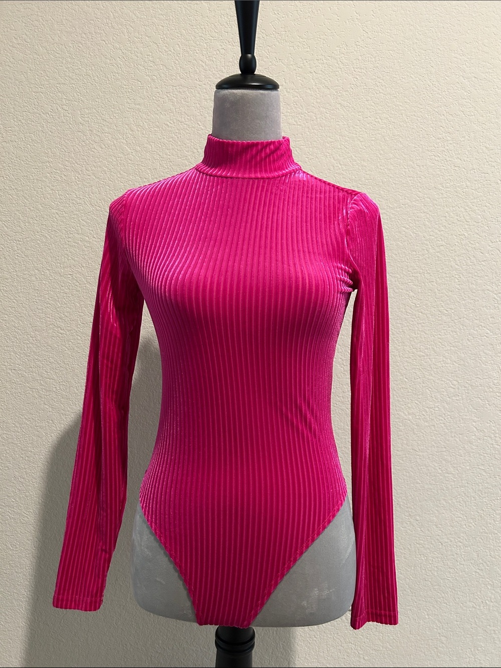 Forever 21 Hot Pink Ribbed Mock Neck Long-Sleeve Bodysuit